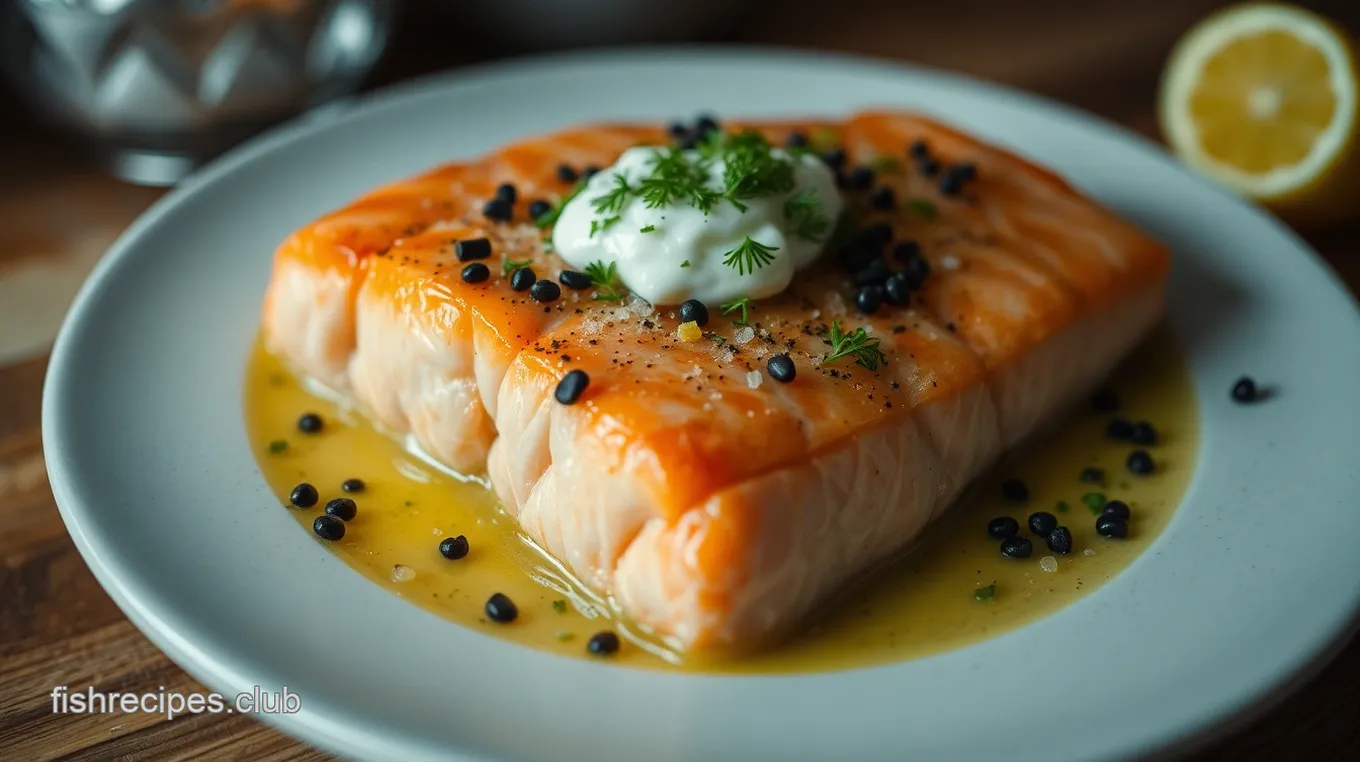 Caviar-Topped Seared Salmon with Lemon-Dill Crème Fraîche