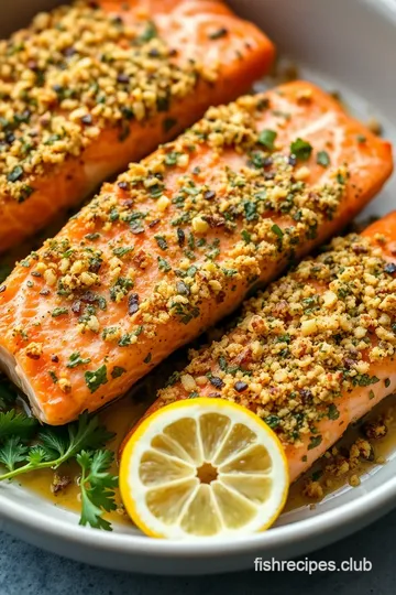 Herb-Crusted Baked Salmon with Lemon-Garlic Butter presentation