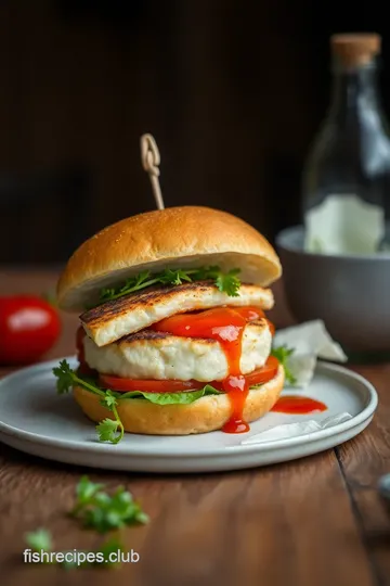 Blackened Fish Burger with Sriracha Mayo presentation