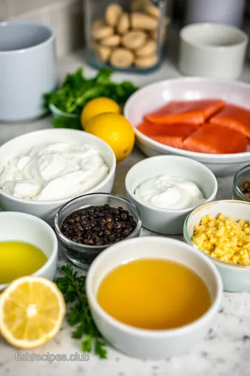 Caviar-Topped Seared Salmon with Lemon-Dill Crème Fraîche ingredients