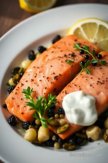 Caviar-Topped Seared Salmon with Lemon-Dill Crème Fraîche presentation