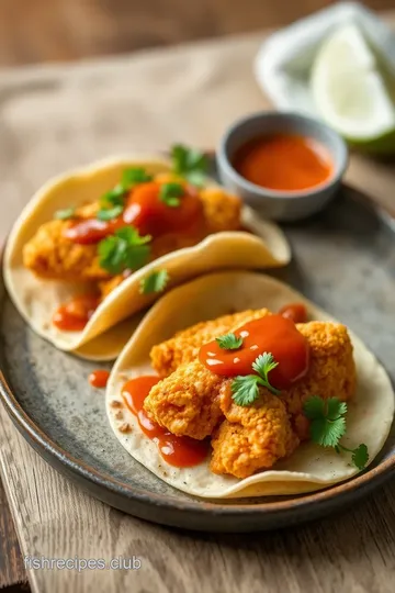 Crispy Fish Tacos with Tangy Sriracha Lime Drizzle presentation