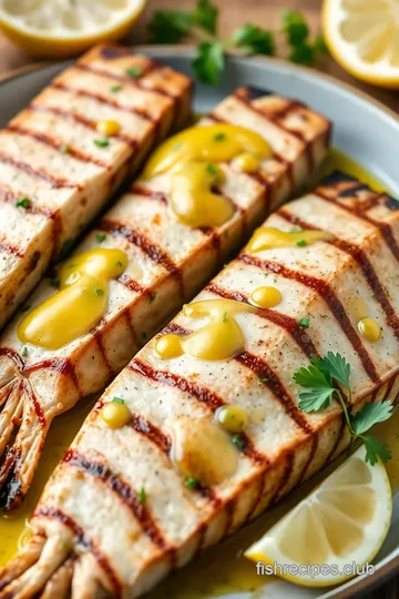 Grilled Sturgeon with Lemon Butter Sauce presentation