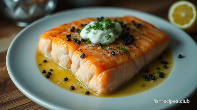 Caviar-Topped Seared Salmon with Lemon-Dill Crème Fraîche